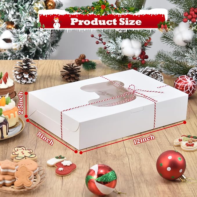 COTOPHER 18Pcs Christmas Cookie Boxes with Window, 12x8x2.5 inch White Bakery Boxes for Gift Giving, Kraft Treat Boxes Dessert Boxes for Cakes Donuts Chocolate Strawberries Pastries Muffins