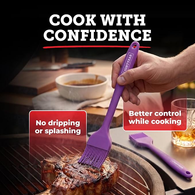 Lightyear Silicone Basting Pastry Brush Set (2 Pcs) ❘ 450°F Heat Resistant Oil Brush for Your Kitchen - Ideal For BBQ’s, Baking & Cooking 100% Food Grade Silicone - BPA Free & Dishwasher Safe (Purple)