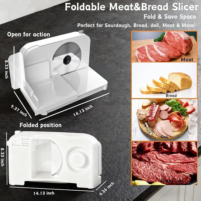Meat Slicer for Home, 150W Foldable Deli Meat Slicer with 6.7'' Blade, Child Lock Protect Electric Bread Slicer, Adjustable Thickness Portable Food Cutter Machine for Spam Breads Meat (White)