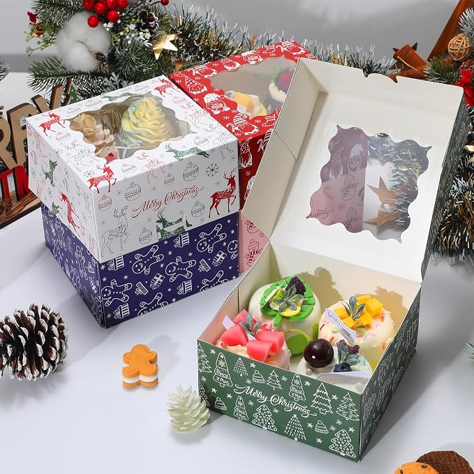 COTOPHER 30Pcs Christmas Cookie Boxes for Gift Giving, 6x6x3 inch Bakery Box with Window, Xmas treat Boxes for Holiday Party Favor Pastries, Cupcakes, Muffins Donuts Chocolate, Gift Wrapping