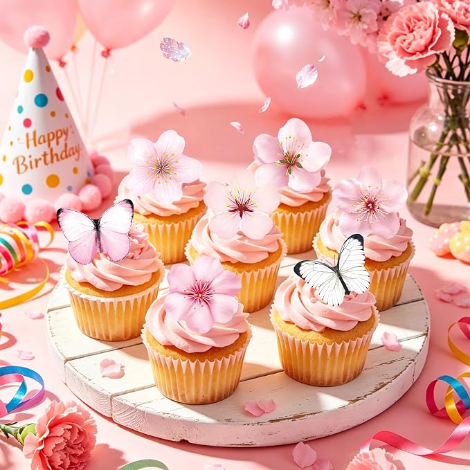 72 PCS Edible Cherry Blossoms Butterfly Cupcake Toppers Wafer Paper Flowers Cake Decorations Ideal for Baby Shower Kids Birthday Party Decorations Edible Flowers Cake Decorations for Celebrations