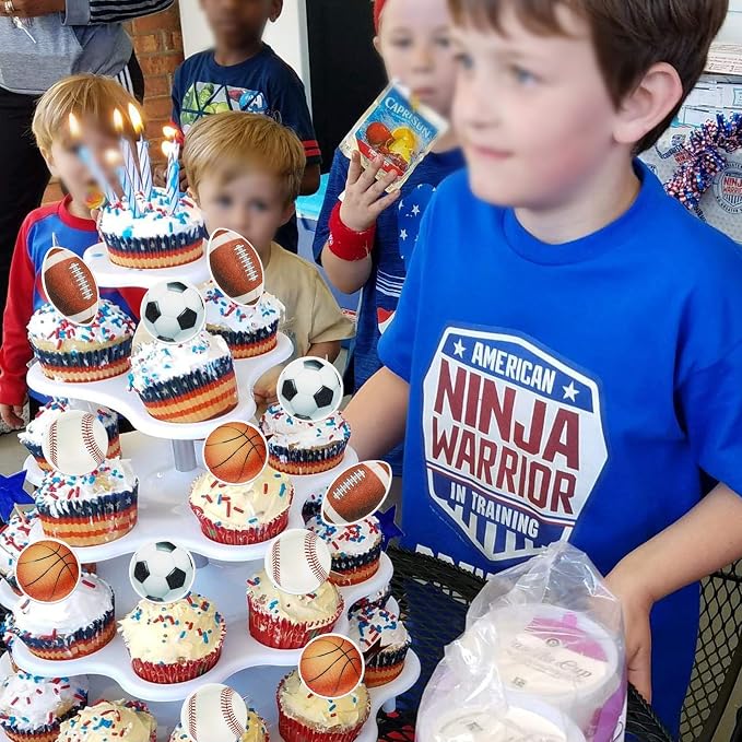 48 PCS Edible Sports Cupcake Toppers Wafer Paper Baseball Rugby Cupcake Picks Edible Basketball Soccer Football for Cake Decorating Sports Ball Game Theme Kids Birthday Party Cake Decorations Supplies