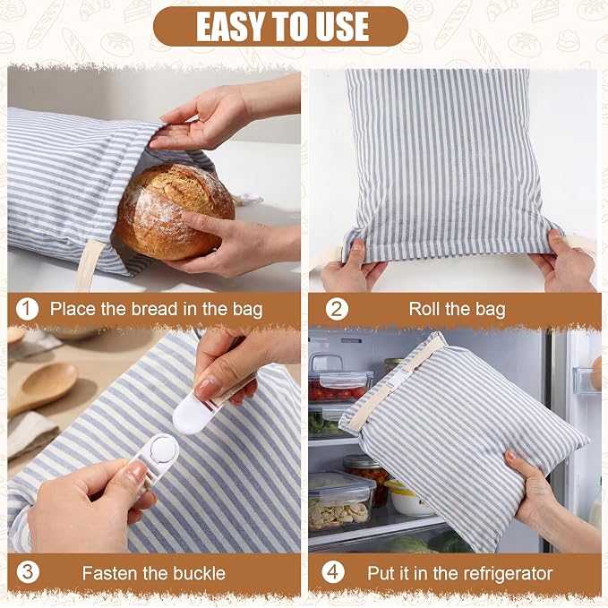 2 Pack Reusable Striped Bread Bags Set with Drawstring Cotton Linen Food Storage Bags for Homemade Bread & Sourdough 17"x 13" Lined Food Bag Cover Keep Loaves Fresh Longer(Blue Stripes)