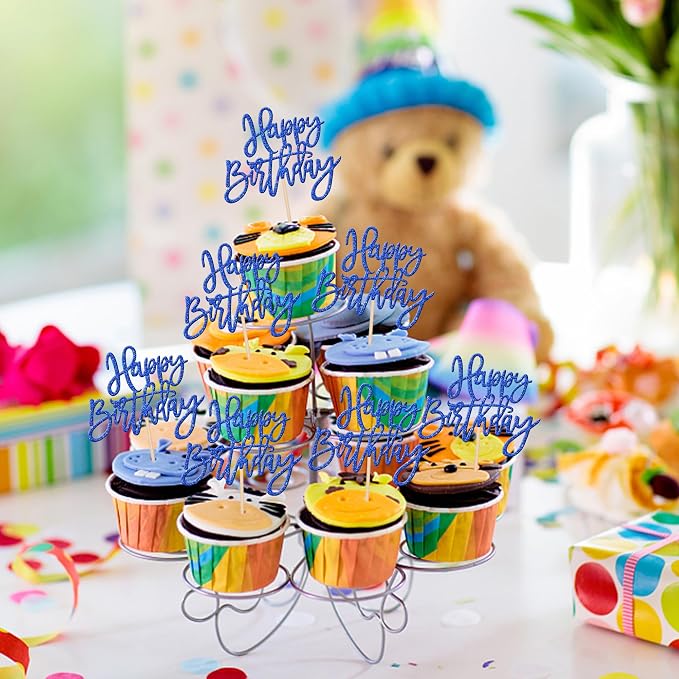24 PCS Happy Birthday Cupcake Toppers Glitter Picks for Celebrating Anniversary Theme Party Cake Decorations Supplies Dark Blue