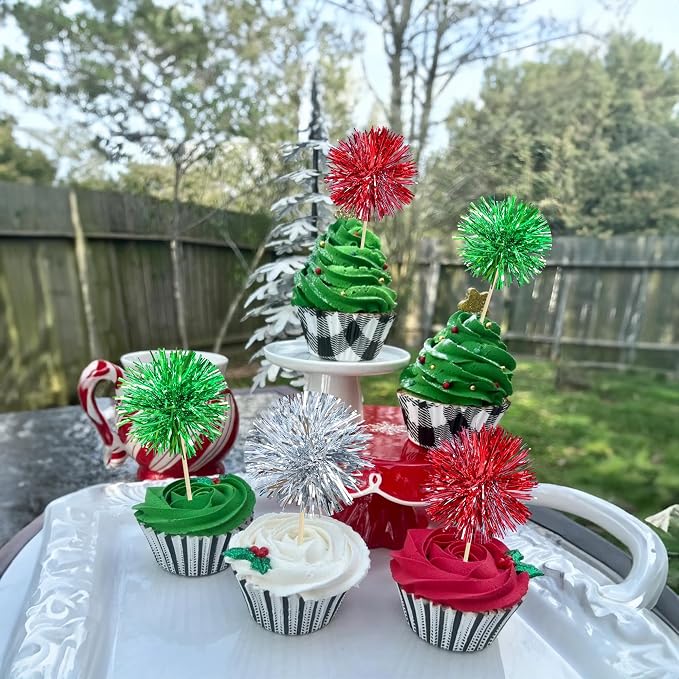 Gyufise 30Pcs Foil Firework Cupcake Toppers Sparkle Tinsel Cake Toppers Tinsel Drink Cake Decoration Cocktail Picks for Birthday Wedding Graduation Party Supplies Silver Green Red