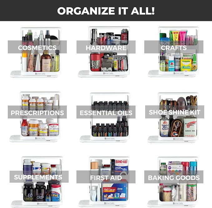 Cabinet Caddy Spice Rack Organizer for Cabinet - Slide & Rotate Kitchen Organizers and Storage - 2 Double-Decker Shelves - Non-Skid Base - Magnetic Modular Design - 10.8" H x 5.25" W x 10.8" D