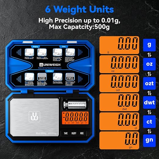 UNIWEIGH Digital Pocket Gram Scale 500g x 0.01g Precision Jewelry Scale | Mini Coin Scales 6 Units/LCD,Weighs Small Food,Gold,Powder,Micro,Ounces,Grains,Reloading,Tare Function,Blue(Battery Included)