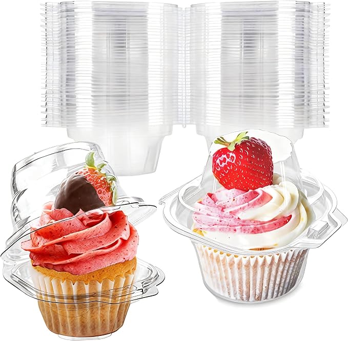 100 Pcs Cupcake Boxes Plastic Individual Cupcake Containers Single Cupcake Carrier with Connected Airtight Dome Lid for Party