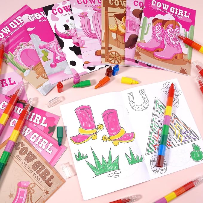 BenLouis 24 Cowgirl Mini Coloring Books Kids with 24 Stacking Crayons Western Girl Party Favors Activity Books Bulk for Kids Wild West Horse Goodie Bag Gift Stuffer Classroom Reward