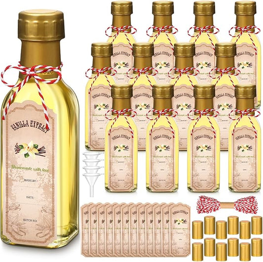 Tioncy 12 Pcs Vanilla Extract Bottles for Homemade Vanilla Jar Glass Square Bottle with Cap Shrink Band Sticker Syrup Food Storage Canister for Liquids Bean Sauce Spice Gift Giving(Gold,5 oz)