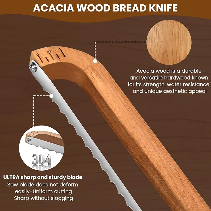 16" Wooden Bow Bread Knife with Measuring Scale – Fiddle Bow Slicer for Homemade Bread & Sourdough, Serrated Stainless Steel Bread Saw for Artisan Loaves, Bagels & Baguettes