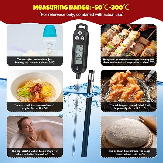 Copkim Instant Read Meat Thermometer with Long Probe 9.65 Inch Kitchen Cooking Food Candy Waterproof Digital Thermometer for BBQ Water Milk Yogurt Liquid (Square Ring,Black, White, Red,24 Pcs)
