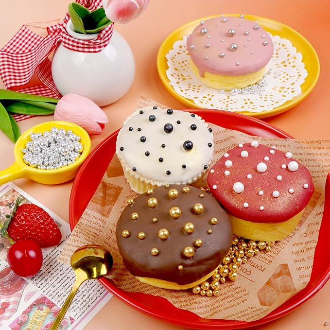 Edible Pearls, Sprinkles for Cake Decorating, Gold Silver White and Black Pearl Sprinkles, Edible Cake Decorations, Cupcake Toppers, Ice Cream Toppings, 110g/3.88oz