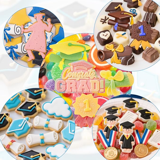 Palksky Graduation Silicone Molds, Grad Chocolate Candy Mold with Cap Diploma Congrats Scroll 3D Shape for Baking Chocolate Gummy Cookies Fondant Cupcake Cake Decor, Graduation Party Decoration