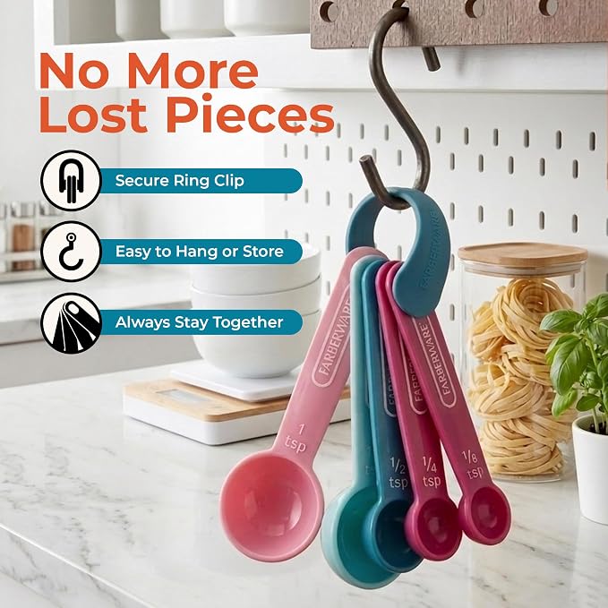 Farberware Kitchen Basics Measuring Cup & Spoon Set, 9-Piece Colorful Nesting Design with Easy-to-Read Markings - Stackable Cooking & Baking Tools with Ring Organizer, Dishwasher Safe Plastic