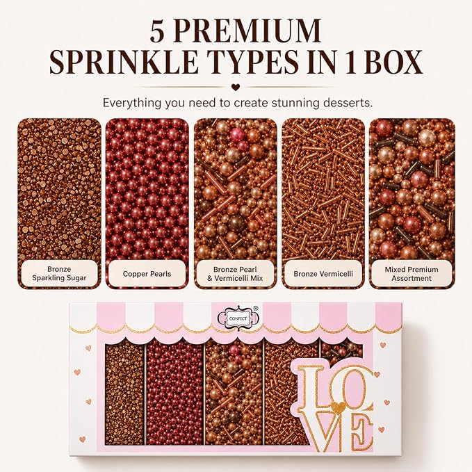 Confect Metallic Sprinkles Mix –Edible Pearl Dragees in Copper, Bronze & Rose Gold – Jimmies & Sparkling Sugar – Elegant Sprinkles for Cake & Cupcake Decorating- Vegan, Gluten-Free, Nut-Free, Soy-Free, Dairy-Free, Palm Oil-Free- 5 Oz