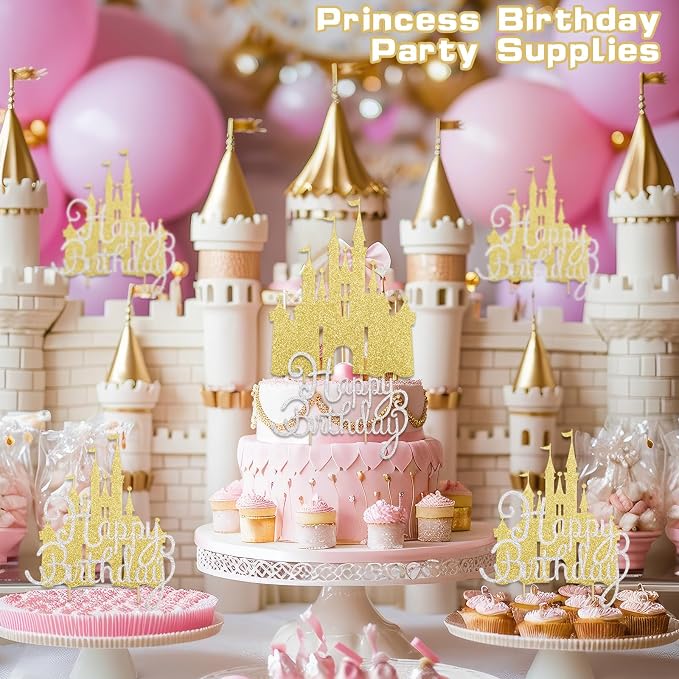 2Pcs Gold Princess Cake Toppers Silver Happy Birthday Cake Toppers Glitter Party Picks for Girls Princess Birthday Party New Year Supplies