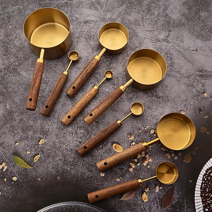 8 pieces Golden Measuring Cups Set and Measuring Spoons Set with Scale, BRIIEC Wooden Handle Stainless Steel Dry & Liquid Measuring Cup for Cooking Baking