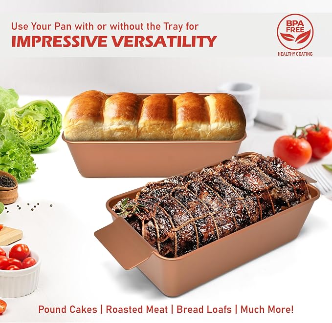 PERLLI Meat Loaf Pan with Drip Tray – 2 Pc. 9.8 x 5.7 In. Copper Nonstick Meatloaf Pan with Drain Tray – Large BPA-Free Oven Loaf Pan for Baking, Bread, Cakes, Roasting Meat, & More