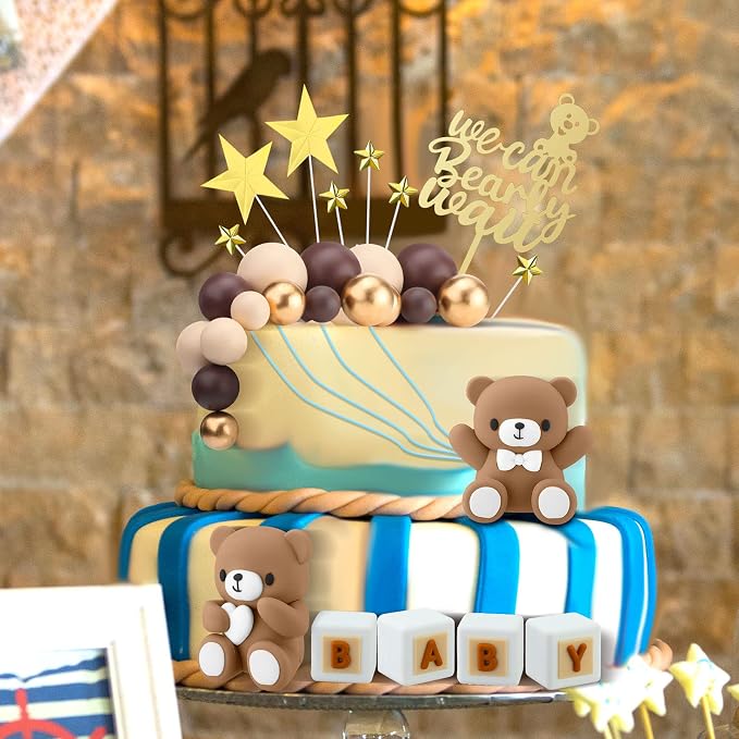 Yinder Bear Cake Toppers Mini Bear Cake Decorations Cake Toppers Gold White Pearl Ball for Birthday Party Decorations(Dark Brown,Cute Style)