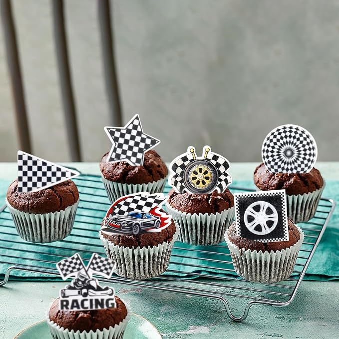 40Pcs Edible Racing Car Wheels Cupcake Toppers Black White Checkered Flags Cupcake Picks for Racing Car Baby Shower Race Car Boys Birthday Party Cake Cupcake Decorations