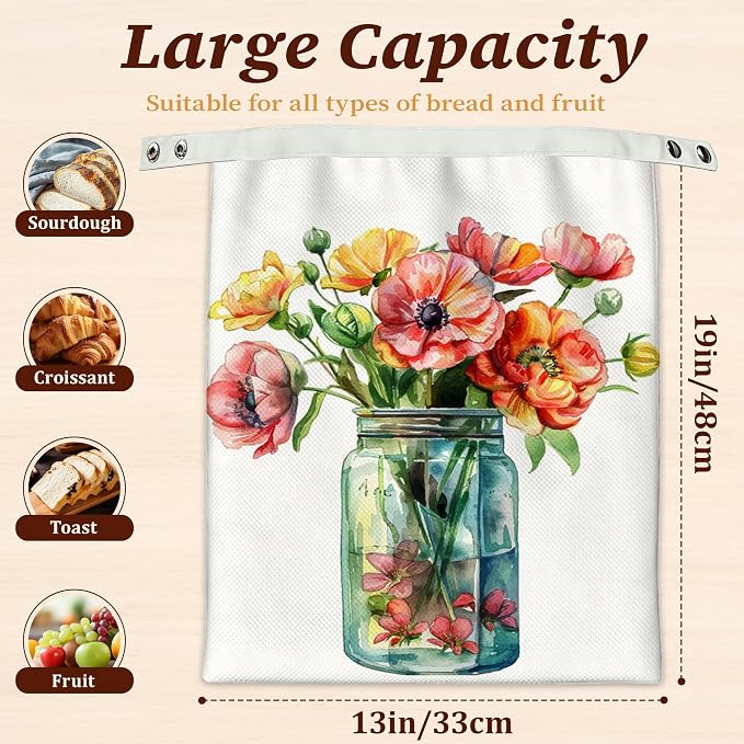 Beeswax Bread Bags, 2 Pack for Homemade Bread and Sourdough Storage | Flowers in Jar, Reusable Polyester Bread Storage With Beeswax Coating And Snap Closures