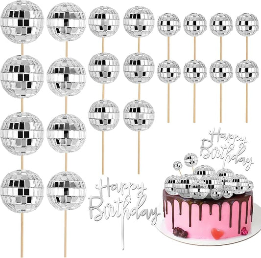 Soelomu 23 Pcs Disco Ball Cake Toppers, Happy Birthday Cupcake Picks 1970s Disco Theme Decorations for Birthday Party Favor