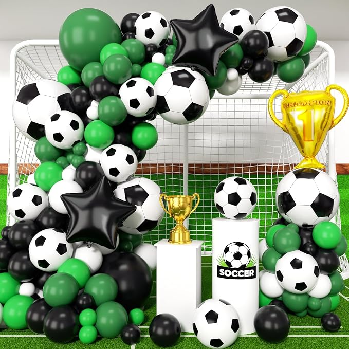 Soccer Balloons Garland Arch Kit 150Pcs - Black and White Dark Green Balloon and Trophy 18 inch Soccer Foil Balloons for 2026 World Football Sports Theme Birthday Anniversary Party Decoration