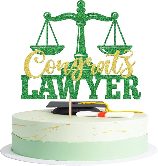 1 Pack Congrats Lawyer Cake Topper Glitter Class of 2026 Law School Survivor Cake Pick 2026 Graduation Cake Decorations for 2026 Lawyer Graduation Party Supplies Green Gold