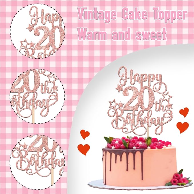 1 PCS Happy 20th Birthday Cake Topper Glitter Cheers to 20 Years Birthday Cake Pick Hello 20 Fabulous Cake Decoration for Happy 20th Birthday Anniversary Party Decorations Supplies Rose Gold