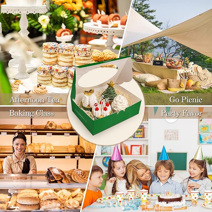 KPOSIYA 65 PCS 8x6x2.5 Inch Cookie Boxes with Window Green Bakery Boxes Pastry Boxes for Gift Giving, Treat, Dessert, Cupcakes, Chocolate, Strawberries, Donuts, Muffins (5 Style Windows)