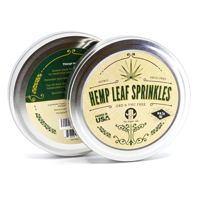 The Sugar Lab Hemp Leaf Sprinkles - Edible Marijuana Party Decorations - CBD & THC Free - Cake Decor & Ice Cream Topping - For 420 Cupcakes - Pot Leaf Sugar Sprinkles - 2oz - Sold in a Bud Tin