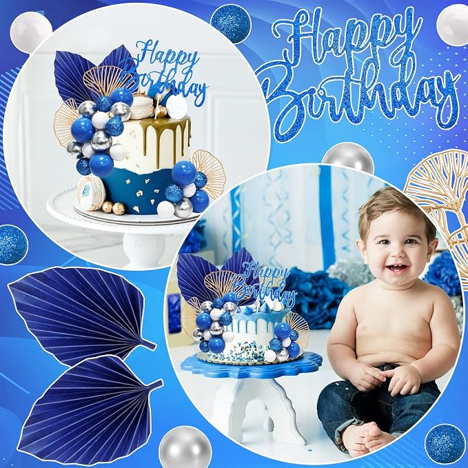 MEMOVAN Blue White Silver Ball Cake Toppers with Palm Leaves Foam Balls Cake Picks DIY Balloon Cake Insert Topper Blue Boho Cake Topper for Birthday Boho Wedding Baby Shower Anniversary Party