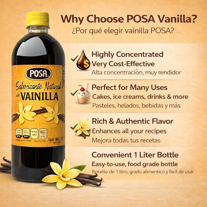 POSA Natural Vanilla Flavoring 33.8 fl oz | Vanilla flavor for baking, desserts and drinks | For home and professional use