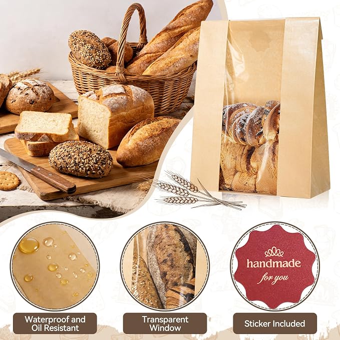 50 Pcs Bread Bags for Homemade Bread, Paper Sourdough Bags with window, Large Bakery Loaf Bag with Stickers for Cookies, Popcorns, Hamburgers 14.2"x8.3"x3.6"