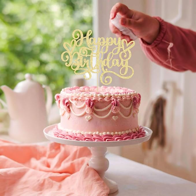 Gyufise 1Pcs Happy Birthday Cake Topper Glitter Happy Birthday Cake Pick Bunting Decor for Anniversary Celebrating Happy Birthday Party Cake Decorations Supplies Gold