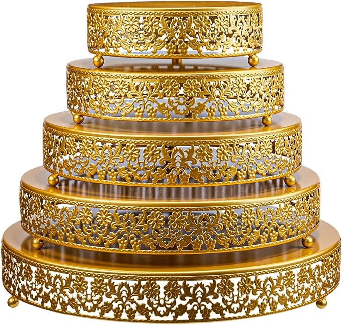 Wenqik 5 Pcs Metal Gold Cake Stand 16/14/12/10/8 Inch Round Cake Holder Display for Dessert Table Cookies Fruit Serving Tray Cupcake Pastry Riser for Wedding Birthday Party and Events