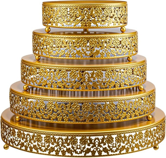 Wenqik 5 Pcs Metal Gold Cake Stand 16/14/12/10/8 Inch Round Cake Holder Display for Dessert Table Cookies Fruit Serving Tray Cupcake Pastry Riser for Wedding Birthday Party and Events