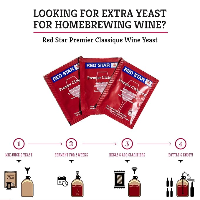 Craft A Brew - Red Star Premier Classique Wine Yeast - Dry Wine Yeast - For Reds, Whites, & Rosés - Ingredients for Home Fermenting - Wine Making Supplies - 15 Pack