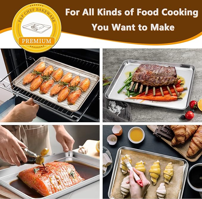 P&P CHEF 12.5 Inch Toaster Oven Pans with Racks, 4 Pieces Stainless Steel Oven Tray Baking Pan Sheet and Cooling Rack for Oven Cooking Roasting, Non Toxic & Dishwasher Safe
