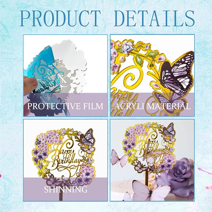 27 PCS Flower Cake Decorations Blue Cake Decorations Boho Butterfly Cake Toppers with Rose Artifical Flowers Palm Leaves Balls Happy Birthday Cake Topper for Birthday Party Wedding Baby Shower