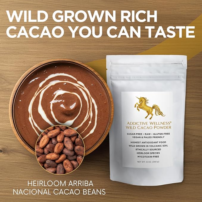 Addictive Wellness Raw Cacao Powder - Wild-Grown Heirloom Mycotoxin-Free Arriba Nacional Unsweetened Chocolate Powder, Vegan, Keto & Paleo Friendly 340g (12 Ounce)