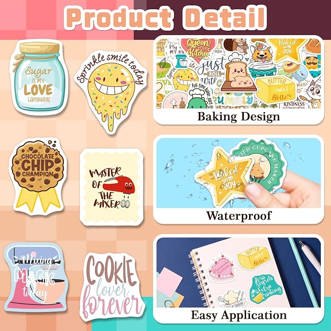 200PCS Baking Stickers, Bakery Vinyl Stickers for Laptops Water Bottles Scrapbooking, Baking Themed Gifts for Bakers, Cute Bakery Party Decorations