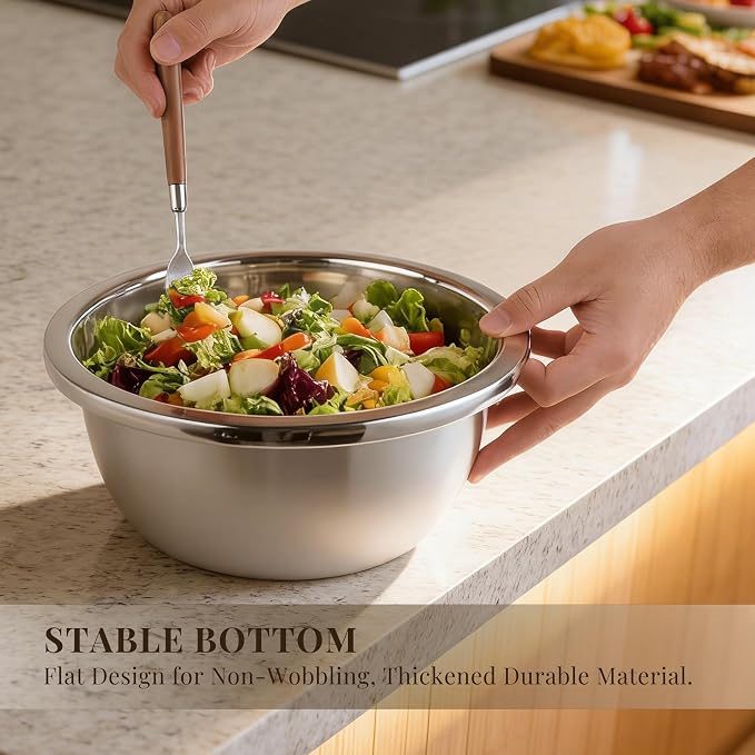 Mixing Bowls Set of 3, Stainless Steel, 7.9, 10.2 and 14.2 Inch | Three stainless steel bowls in 7.9, 10.2 and 14.2 inch sizes for baking, dough, salads and everyday kitchen prep
