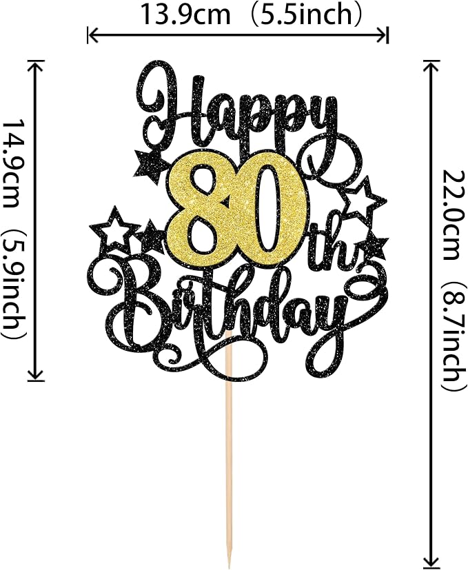1 PCS Happy 80th Birthday Cake Topper Black Gold Glitter Cheers to 80 Years Birthday Cake Pick Hello 80 Fabulous Cake Decoration for Happy 80th Birthday Anniversary Party Decorations Supplies