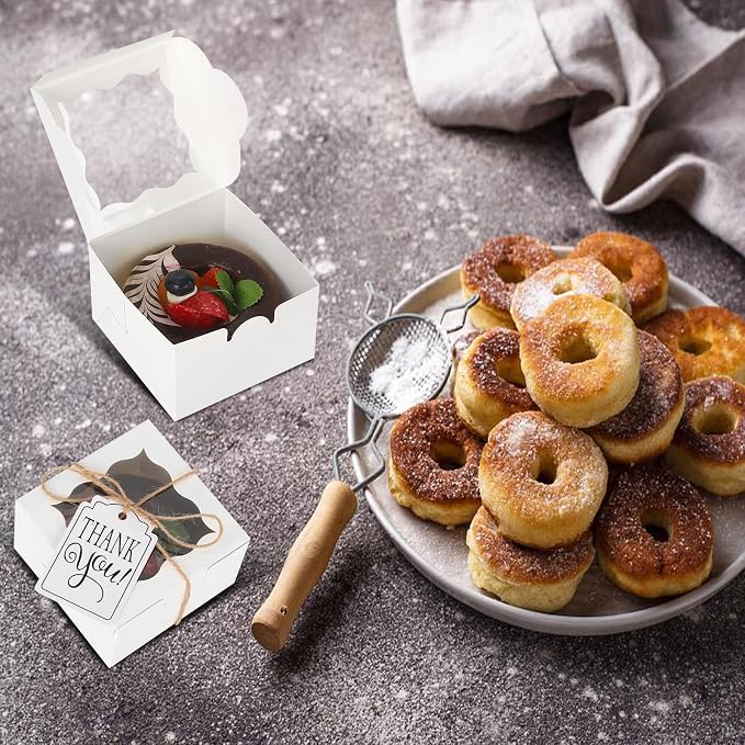 KPOSIYA 20 Pcs White Bakery Boxes with Window Individual Cupcake Boxes 4x4x2.5 Inches Cookie Boxes Kraft Paper Brown Gift Box for Pastries, Cookies, Pie, Donuts, Macaroon(White,20)