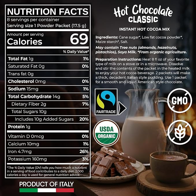 Cafe Garibaldi Premium Hot Chocolate Classic - Organic Instant Cocoa Mix with Cocoa Powder, Fair Trade Gluten-Free & GMO-Free 8 Servings x 0.62oz Packets, Ideal Italian Hot Chocolate Gift