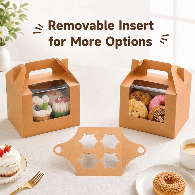 Jucoan 40 Pack Kraft Gable Bakery Treat Boxes with 4-Count Cupcake Insert, Clear Window & Handle, Rustic Paper Gift Box Lunch Togo Boxes for Muffins, Cupcakes, Cookies, Birthday Wedding Party Favors