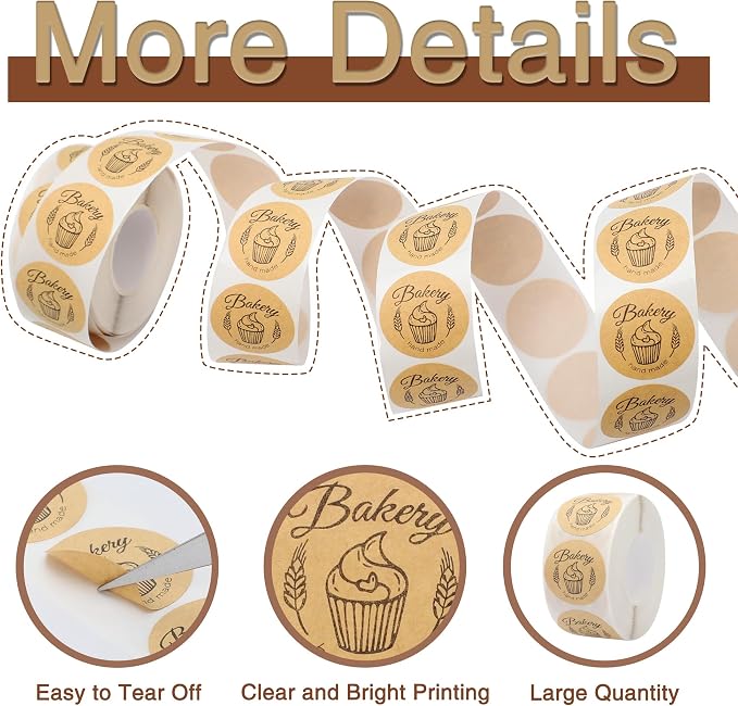 500pcs Kraft Bakery Stickers, Handmade Baked Labels, Round Adhesive Tags, DIY Seal Roll Stickers (Style B, Brown)