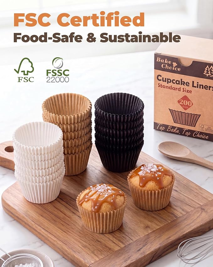 Bake Choice Non-stick 200pcs Standard Cupcake Liners for Baking, Natural, Food-grade Cupcake Wrapper, Greaseproof Parchment Muffin Liners